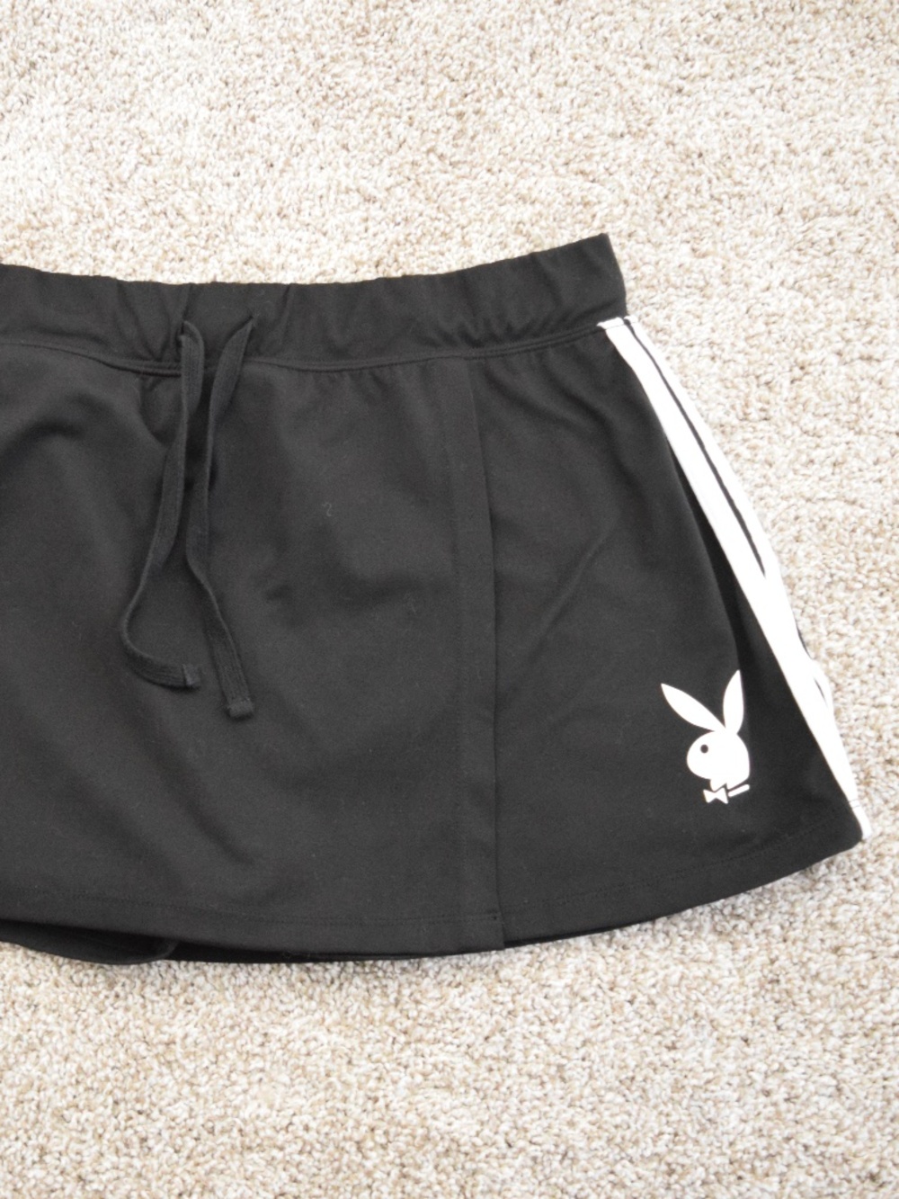 Original Playboy Black Mini Skort XL Stripes Logo Y2K Drawstring Skirt